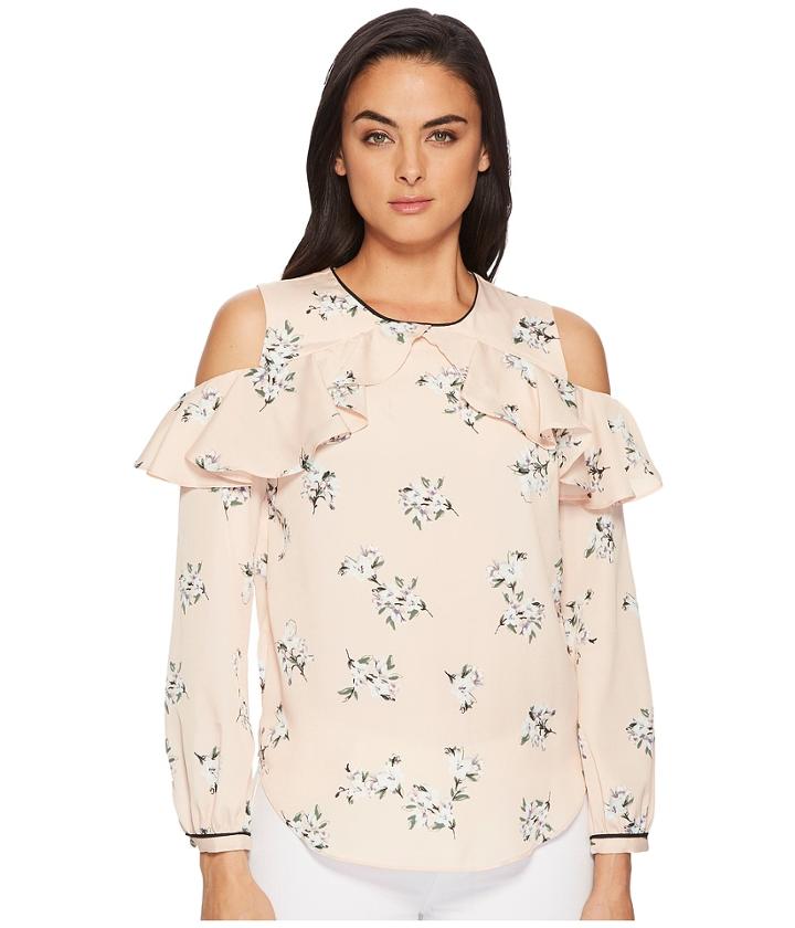 Lauren Ralph Lauren Floral Ruffled Cold-shoulder Top (pink Multi) Women's Clothing