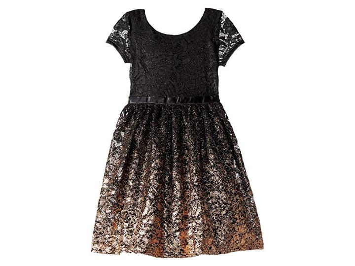 Us Angels Short Sleeve Fit Flare Lace Dress With Rose Gold Ombre Skirt (toddler/little Kids) (black) Girl's Dress