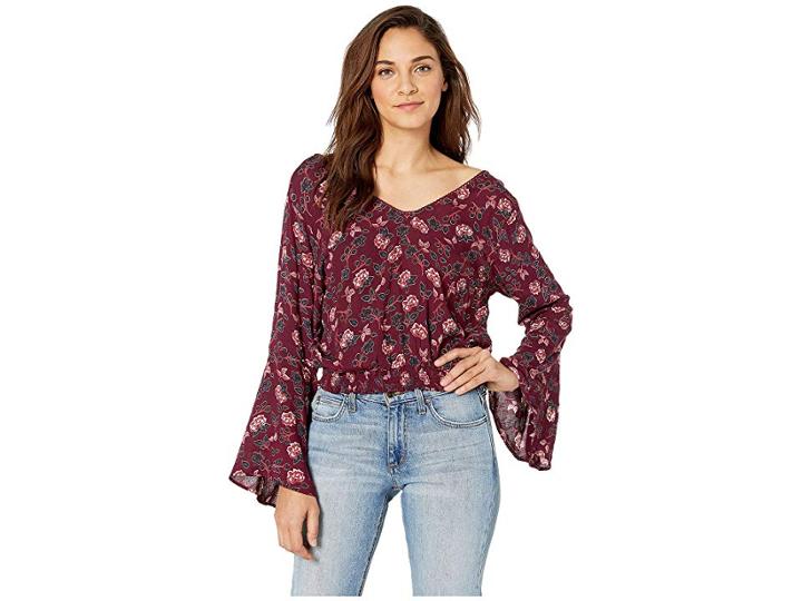 Angie Floral Long Sleeve Top With Smocked Waist (wine) Women's Clothing