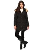 Jessica Simpson Cinched Waist Puffer W/ Hood And Removable Faux Fur (black) Women's Coat