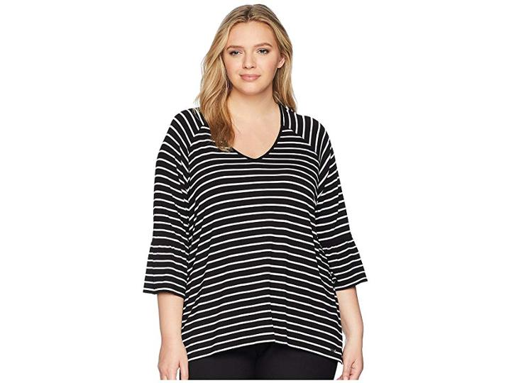 Calvin Klein Plus Plus Size Stripe V-neck W/ Flare Sleeve (black/white) Women's Short Sleeve Pullover