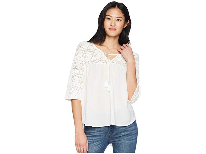 Cruel 3/4 Sleeve Mesh Lace And Chiffon Top (cream) Women's Blouse