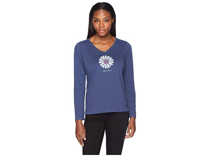 Life Is Good Petal Daisy Crusher Long Sleeve Vee (darkest Blue) Women's T Shirt