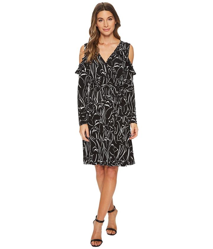 Ivanka Trump Matte Jersey Printed Ruffle Cold Shoulder Dress (black/ivory) Women's Dress