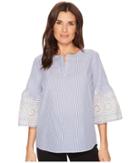 Ivanka Trump Woven Cotton Bell Embroidered Sleeve Blouse (blue/white) Women's Blouse