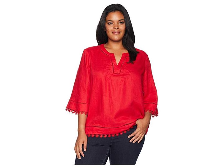 Lauren Ralph Lauren Plus Size Lace-trim Tissue Linen Top (lipstick Red) Women's T Shirt