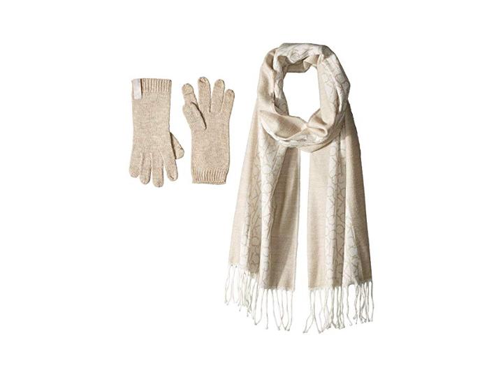 Calvin Klein Two-piece Woven Border Scarf, Knit Touch Gloves (heathered Almond) Scarves