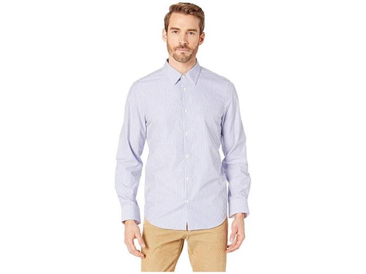 Calvin Klein Long Sleeve French Placket Dobby Stripe Shirt (clear Sky) Men's Clothing