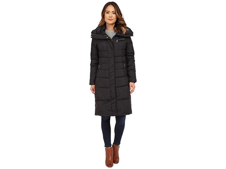 Cole Haan Single Breast Down Coat With Asymmetrical Snap Placket (black) Women's Coat