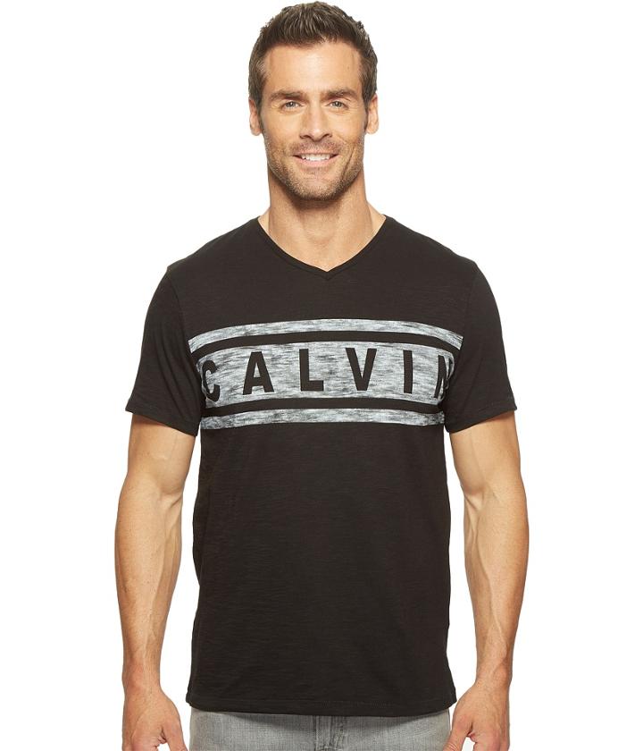 Calvin Klein Jeans Stripe Calvin Logo V-neck Tee (black) Men's T Shirt