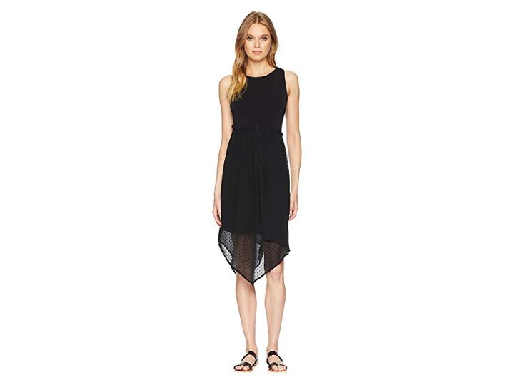 Kensie Mixed Media Knit And Swiss Dot Asymmetrical Hem Dress Ks7k8230 (black) Women's Dress