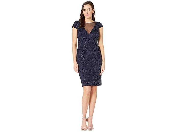 Marina Lace W/ Mesh Plunge Neck (navy) Women's Dress