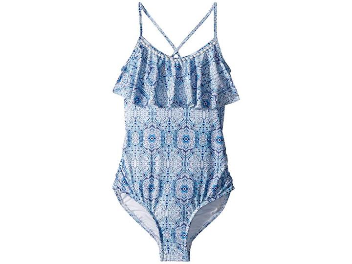 Seafolly Kids Boho Tile Ruffle Tank One-piece (little Kids/big Kids) (blue Tile) Girl's Swimsuits One Piece