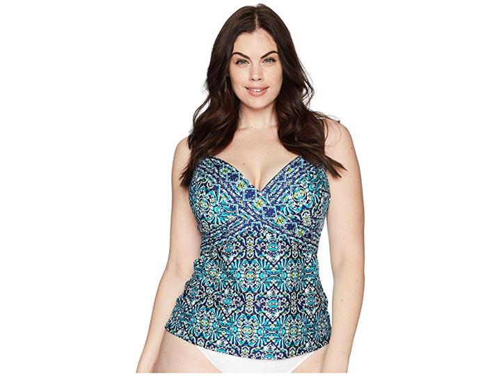 La Blanca Plus Size Tuvalu Underwire Wrap Over The Shoulder Tankini Top (blue) Women's Swimwear