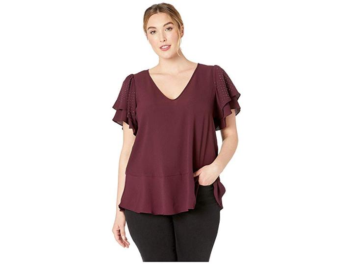 Michael Michael Kors Plus Size Double Sleeve W/ Heat Studs Top (cordovan) Women's Clothing