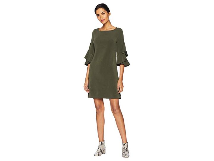 Taylor Double Ruffle Sleeve Shift Dress (olive) Women's Dress