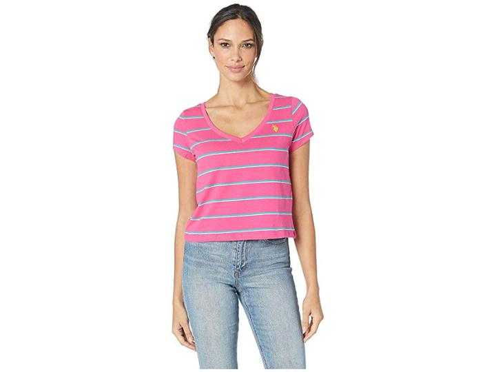 U.s. Polo Assn. Stripe V-neck Crop Tee (watermelon Beach) Women's T Shirt
