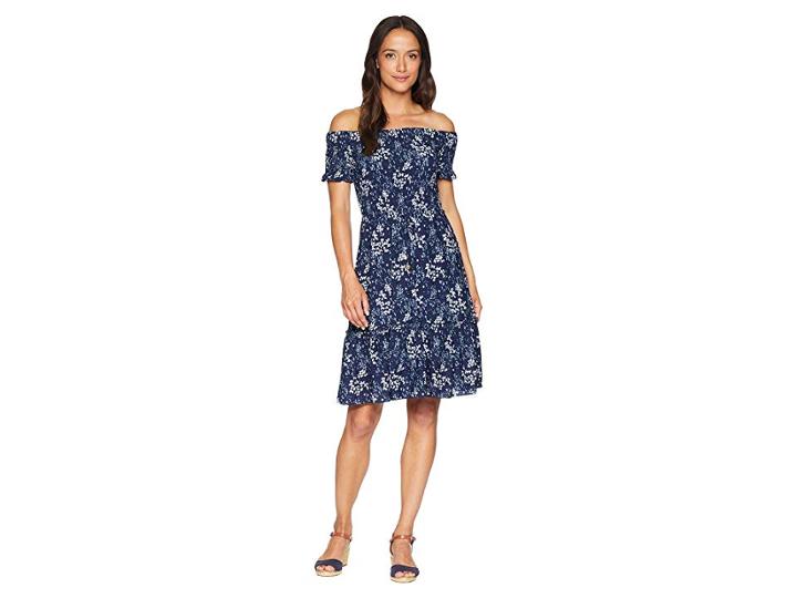 Michael Michael Kors Smocked Off Shoulder Dress (true Navy/light Chambray) Women's Dress
