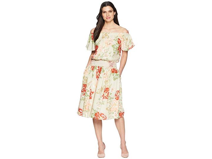 Donna Morgan Off The Shoulder Linen Dress With Smocked Waist (beige/red Multi) Women's Dress