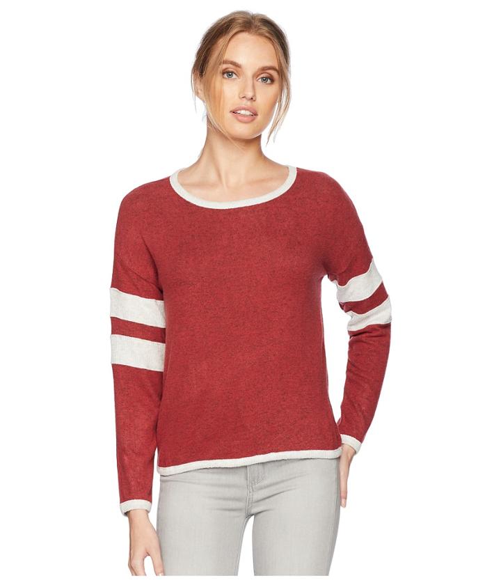 Pink Rose Drop Shoulder Long Sleeve Top W/ Sleeve Stripes (cinnamon Rust Combo) Women's Clothing