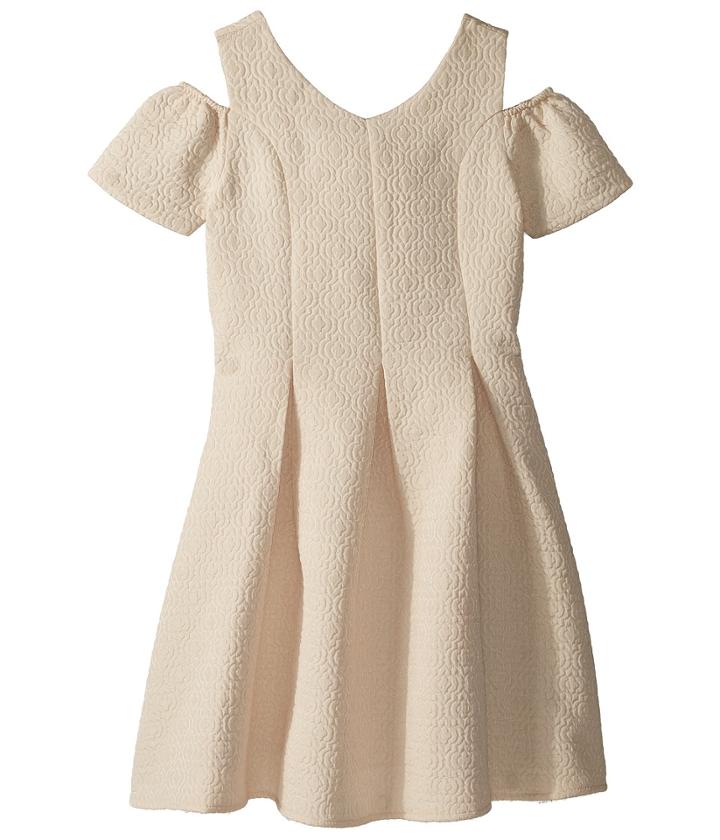 Us Angels Cold Shoulder Fit Flare Brocade Dress (big Kids) (champagne) Girl's Dress