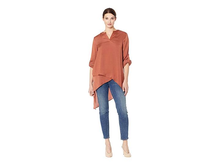 Catherine Catherine Malandrino V-neck Top W/ Roll Tab Sleeves (mahogany) Women's Clothing