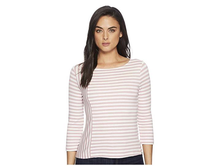 Three Dots Cape Cod Stripe 3/4 Sleeve Top W/ Zipper Detail (rose/white) Women's Clothing