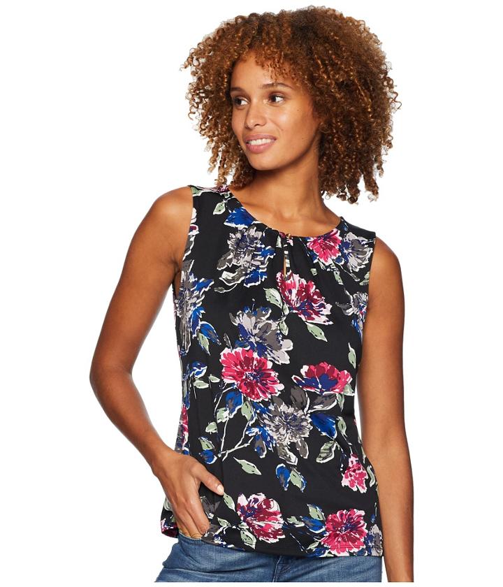 Tahari By Asl Floral Printed Matte Jersey Top With Keyhole Neckline (black/fuchsia/blue) Women's Clothing
