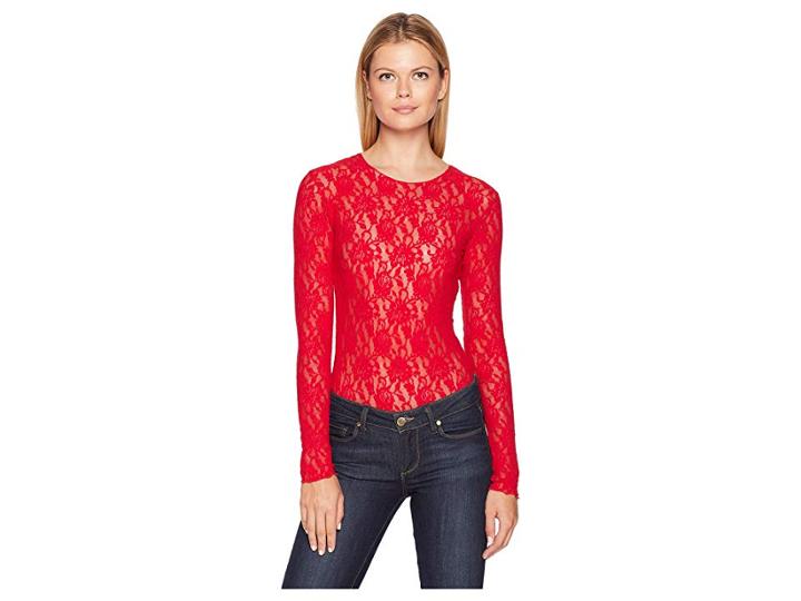 Hanky Panky Lace Long Sleeve Bodysuit (red) Women's Jumpsuit & Rompers One Piece