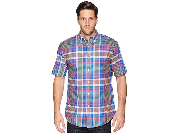 Pendleton S/s Seaside Button Down Shirt (blue Sky/green Plaid) Men's Short Sleeve Button Up