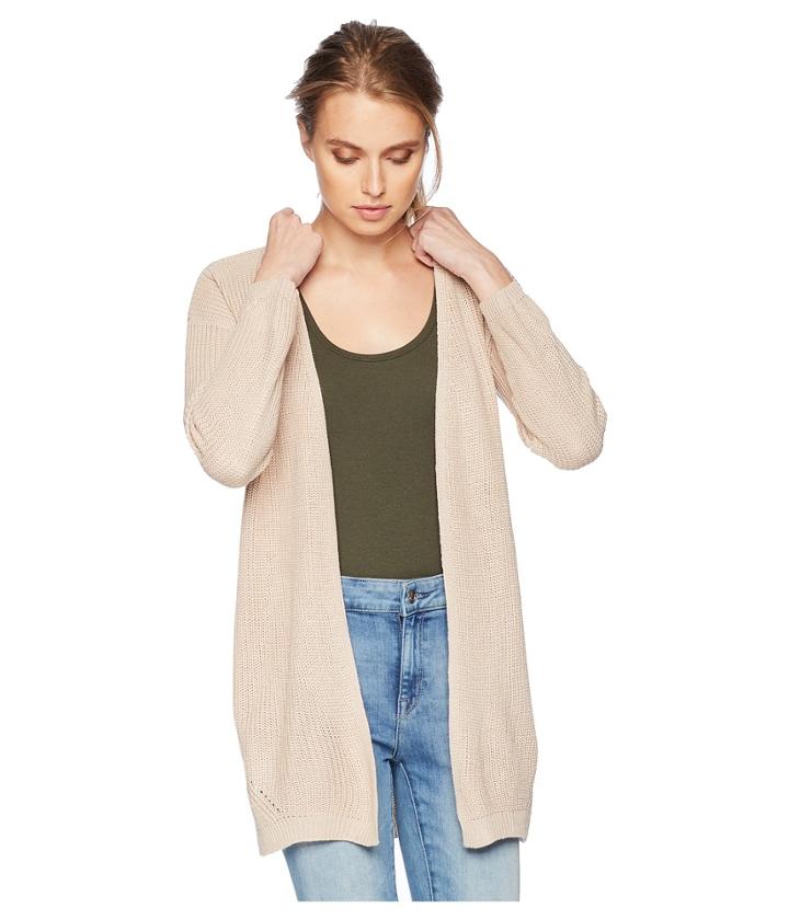 Pink Rose Long Drop Shoulder Open Cardigan W/ Back Cable Detail (hempseed) Women's Sweater