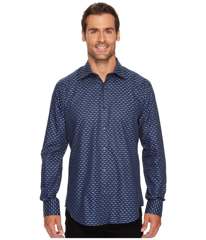 Bugatchi Long Sleeve Shaped Fit Point Collar Shirt (night Blue) Men's Long Sleeve Button Up