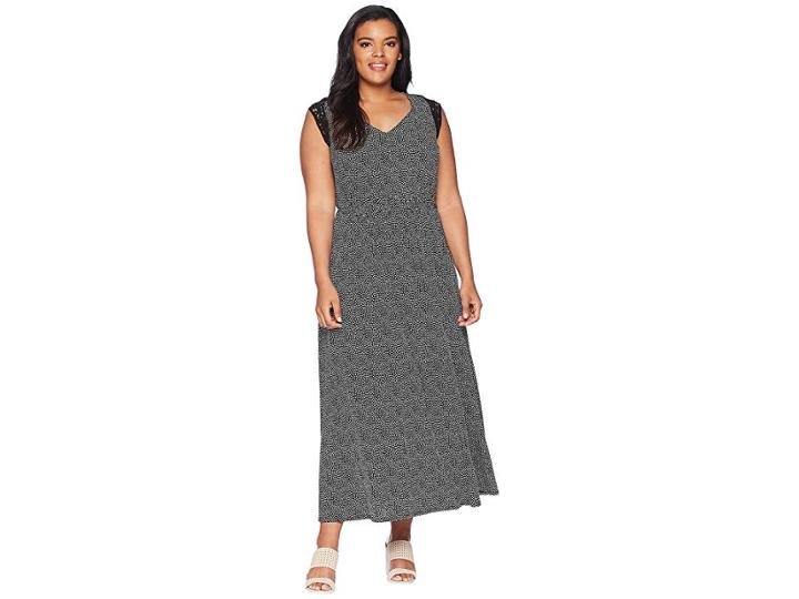 Kari Lyn Plus Size Diem Maxi Dress With Crocheted Sleeve (black/white) Women's Dress