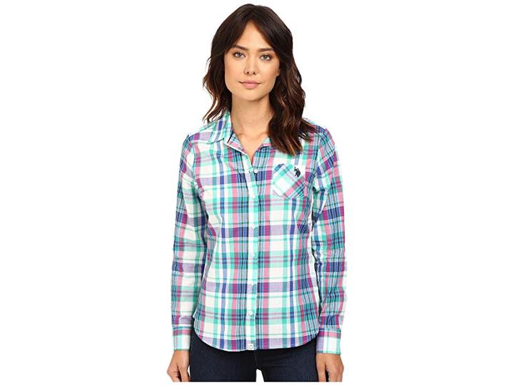 U.s. Polo Assn. Plaid Poplin Single Pocket Shirt (peacock Green) Women's Clothing