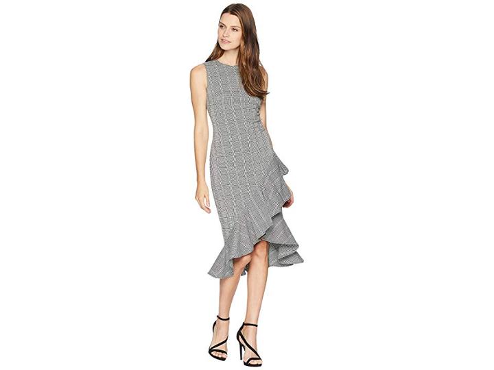 Calvin Klein Plaid Ruffle Hem Dress Cd8e21qw (black/cream) Women's Dress
