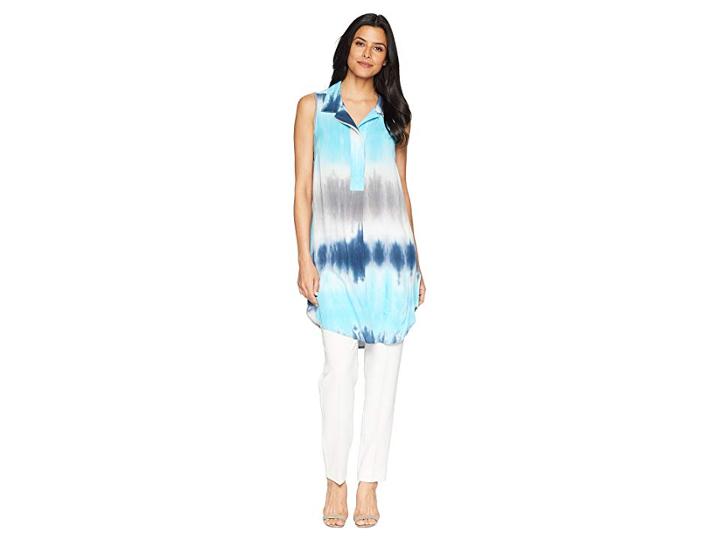 Mod-o-doc Printed Rayon Notch Collar Sleeveless Tunic (navy Tie-dye) Women's Blouse