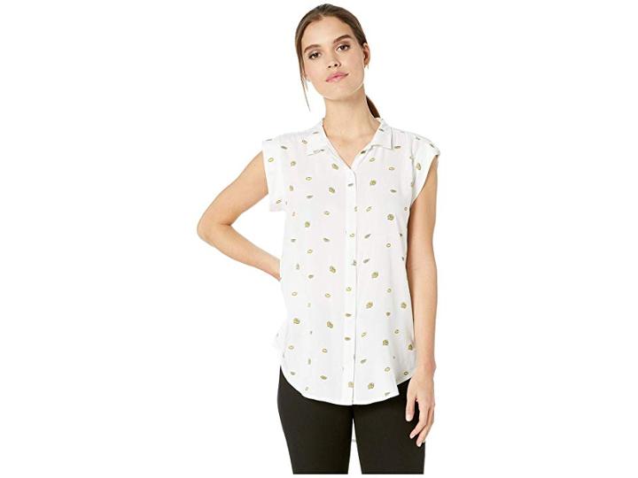 Per Se Cap Sleeve High-low Button Down Shirt (white Lemon) Women's Clothing