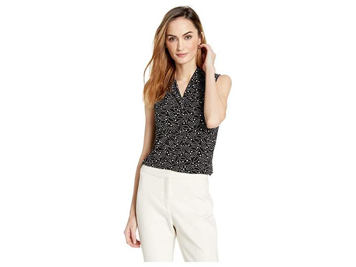 Anne Klein Ragtime Print Ity Triple Pleat Top (anne Black/bolshoi Grey Combo) Women's Clothing