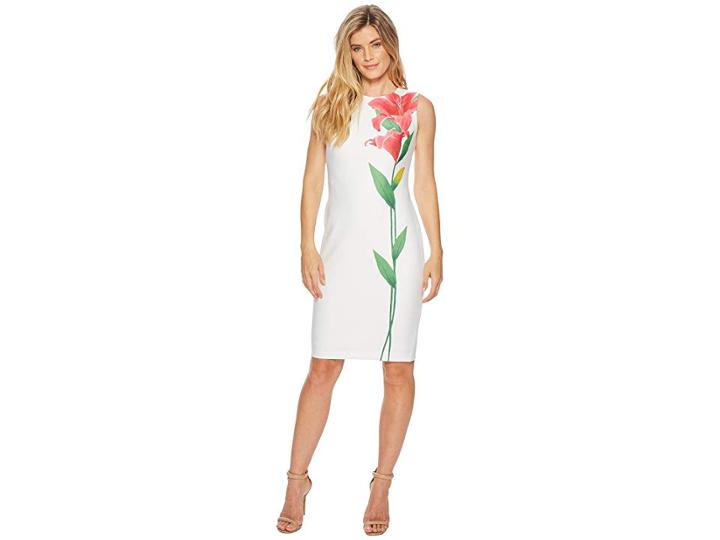 Calvin Klein Flower Scuba Sheath Cd8m93dg (white Multi) Women's Dress