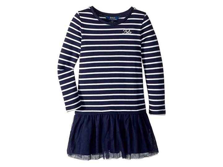 Polo Ralph Lauren Kids Striped Terry-tulle Dress (little Kids) (french Navy/white) Girl's Dress