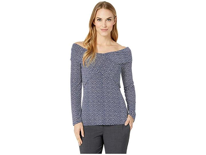 Michael Michael Kors Bud Over The Shoulder Cross Long Sleeve Top (true Navy/white) Women's Clothing