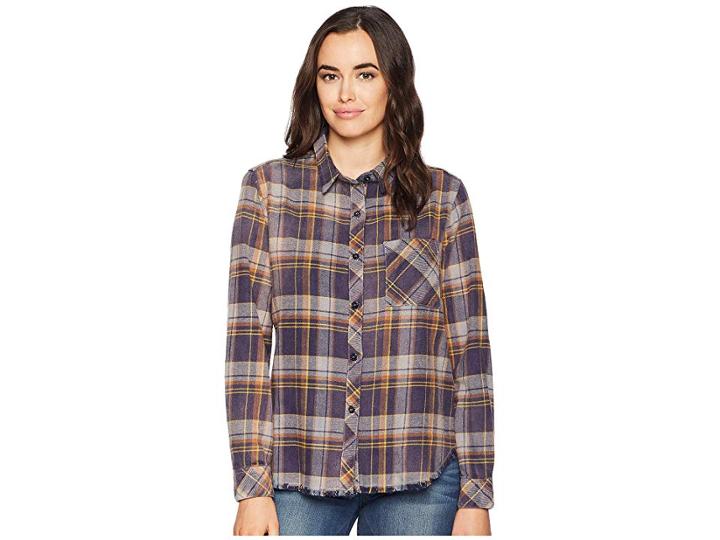 Dylan By True Grit Dakota Plaid Vintage Washed One-pocket Shirt With Fringe Hem Detail (plum) Women's Clothing