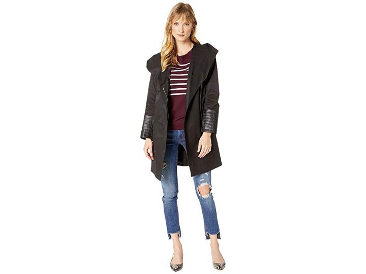 Via Spiga Oversized Hooded Shawl Collar Woven Lightweight Raincoat With Faux Leather Detail (black) Women's Coat