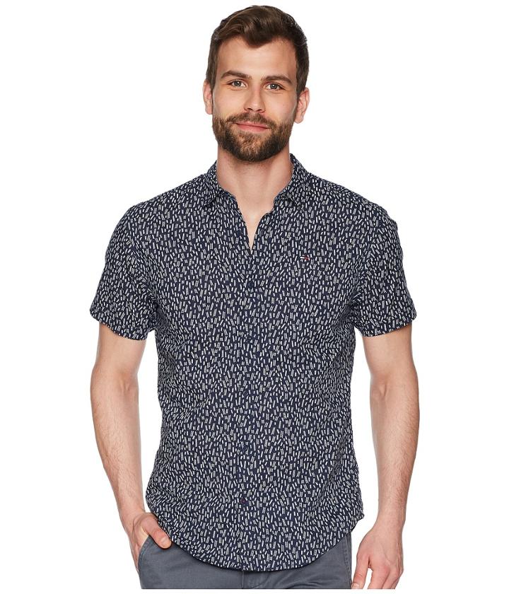 Tommy Jeans Micro Print Short Sleeve Button Down Shirt (ladder Ditsy/black Iris) Men's Clothing