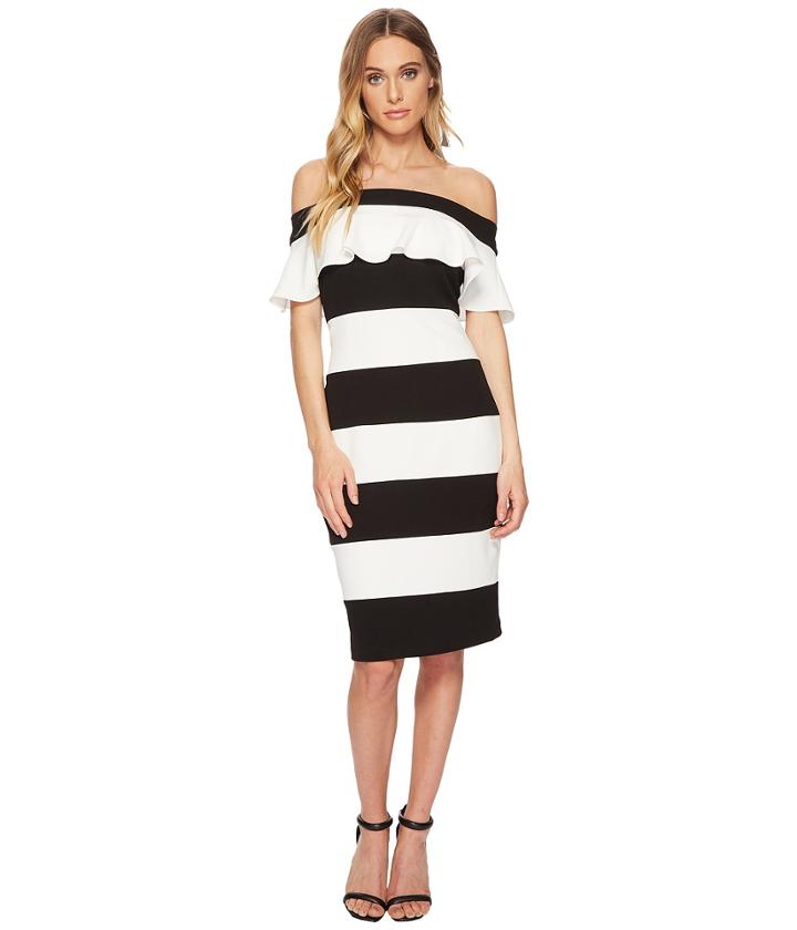 Adrianna Papell Knit Crepe Color Block Ruffle Sheath (black/ivory) Women's Dress