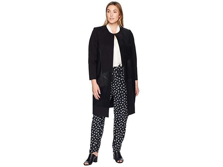 Calvin Klein Plus Plus Size Long Jacket W/ Suede Faux Leather (black) Women's Coat