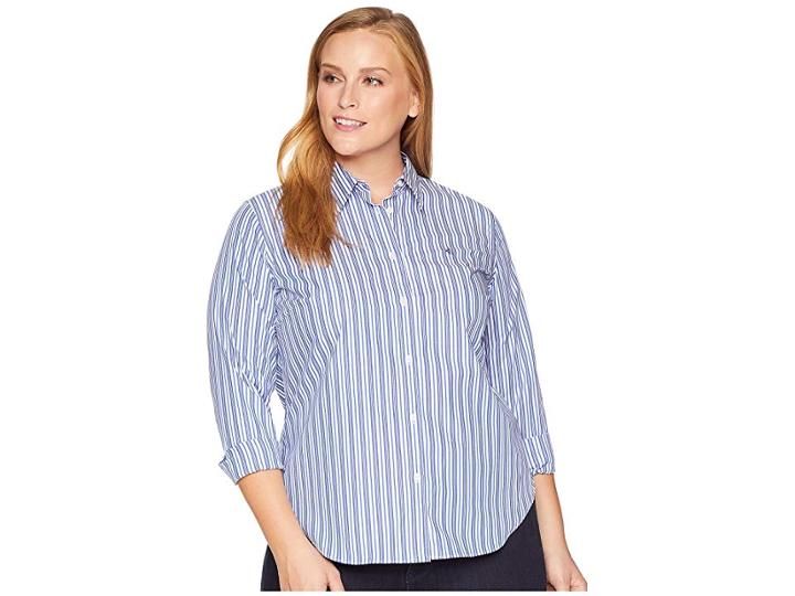 Lauren Ralph Lauren Plus Size Monogram Striped Shirt (blue Multi) Women's Clothing
