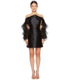 Marchesa Illusion Halter Cocktail In Mikado W/ Tulle And Organza Ruffle Sleeves (black) Women's Dress