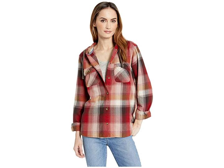Carhartt Beartooth Hooded Flannel Shirt (dark Crimson) Women's Long Sleeve Button Up