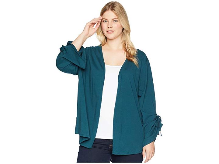 B Collection By Bobeau Plus Size Nia Ruched Sleeve Knit Cardigan (teal) Women's Sweater